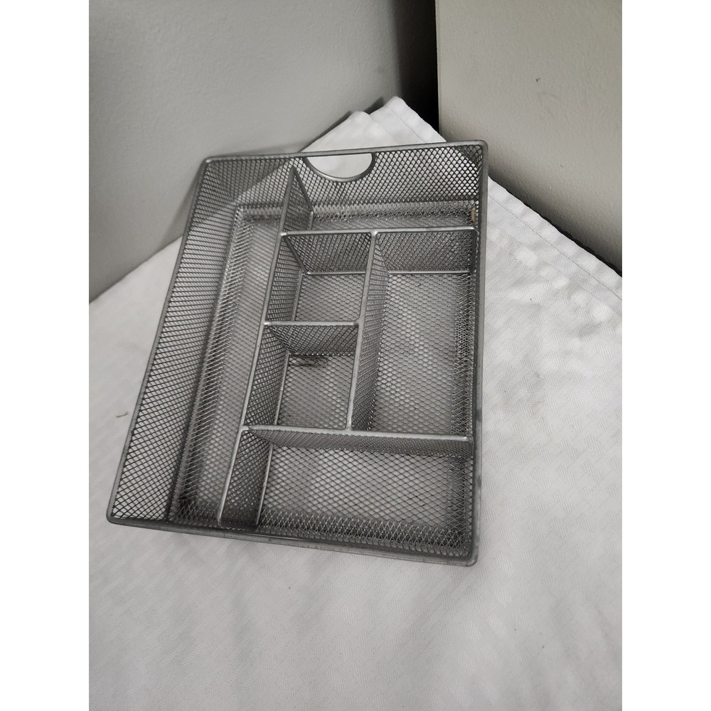 Silver Metal Mesh Desk Organizer Tray 6 Compartment Office Drawer Storage